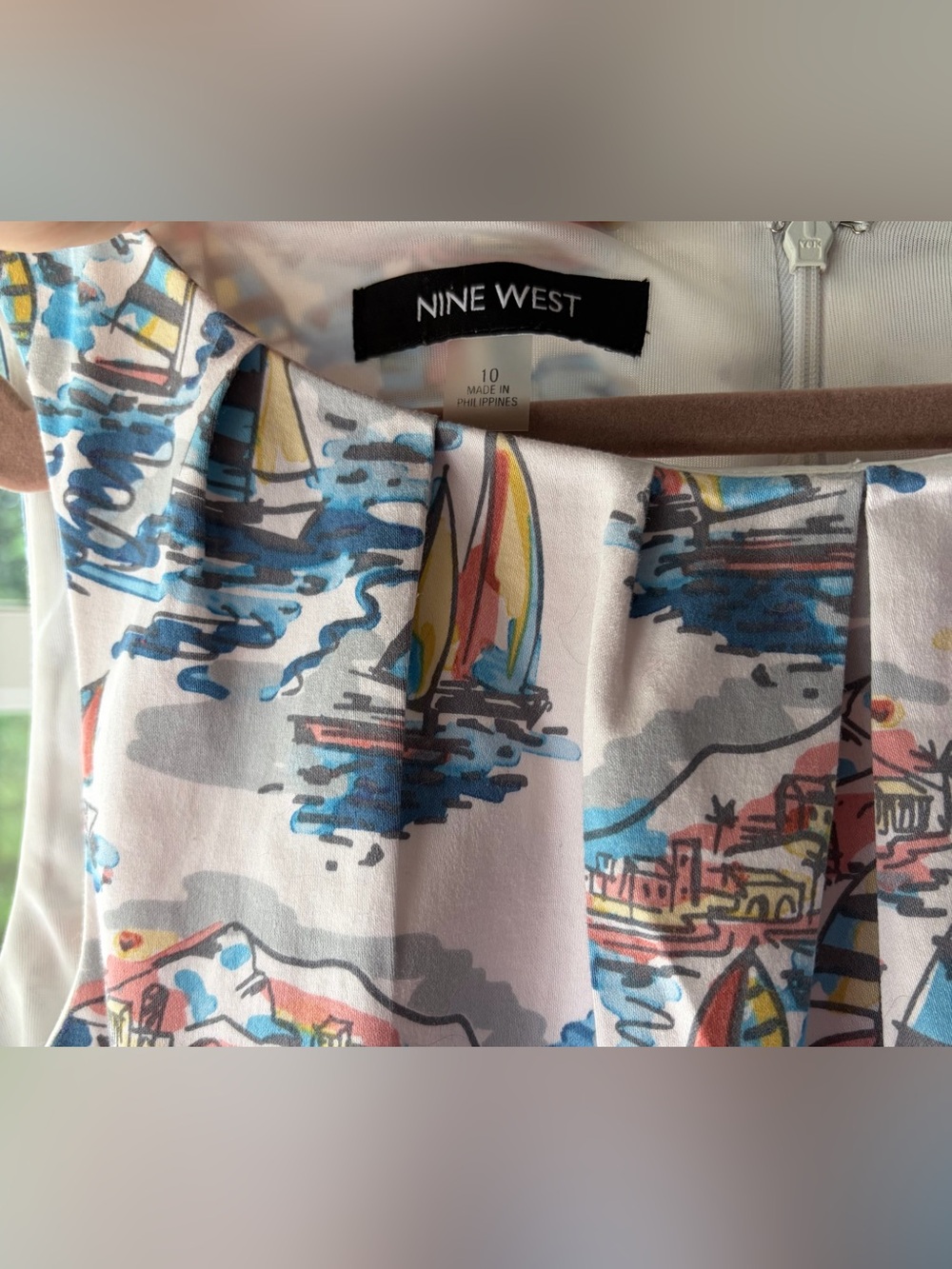 Nine West Cotton Sailboat Print Midi Dress Coastal Resort Vacation Preppy Sz 10 - Picture 3 of 6